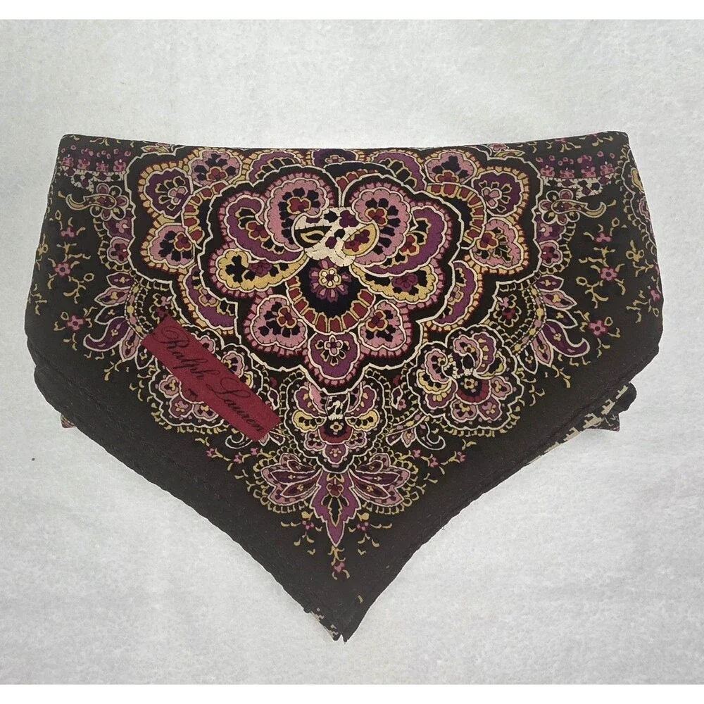 Ralph Lauren Paisley & Houndstooth Check Silk Scarf Olive Green & Magenta 32x32